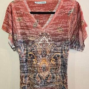 Affliction-Style Alt Burnout Tattoo Graphic V-Neck Top‎ Women's Small